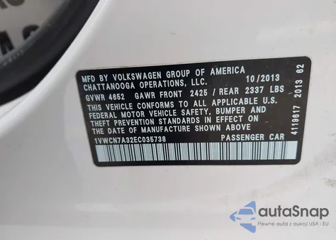 2014 Volkswagen Passat 2.0L Tdi Sel Premium из США, поврежденный, VIN 1VWCN7A32EC035738